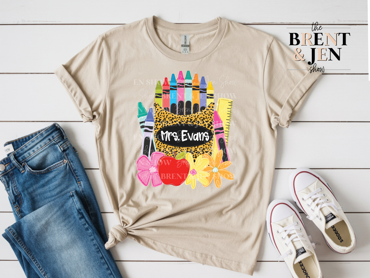 Custom Name Teacher Shirt, Personalized Apple Crayon Leopard Print Tee