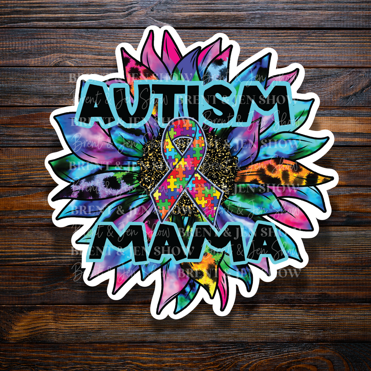 Autism Mama, Tie Dye Leopard Sunflower Sticker or Car Decal