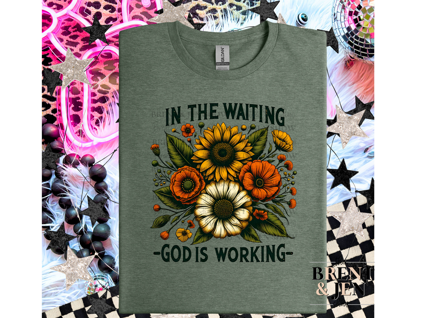 In The Waiting, God is Working, Floral Religious T-Shirt