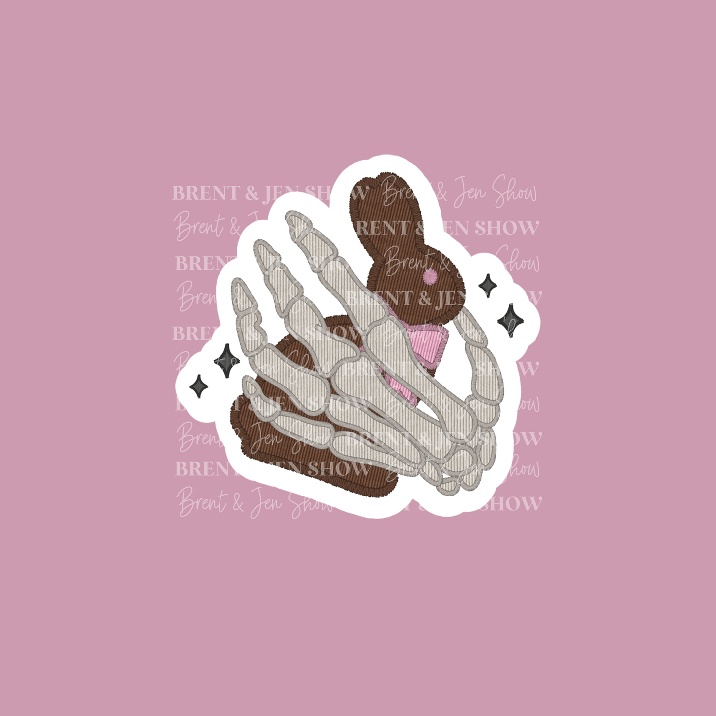 Skellie Holding a Chocolate Bunny, Pink Bow Sticker