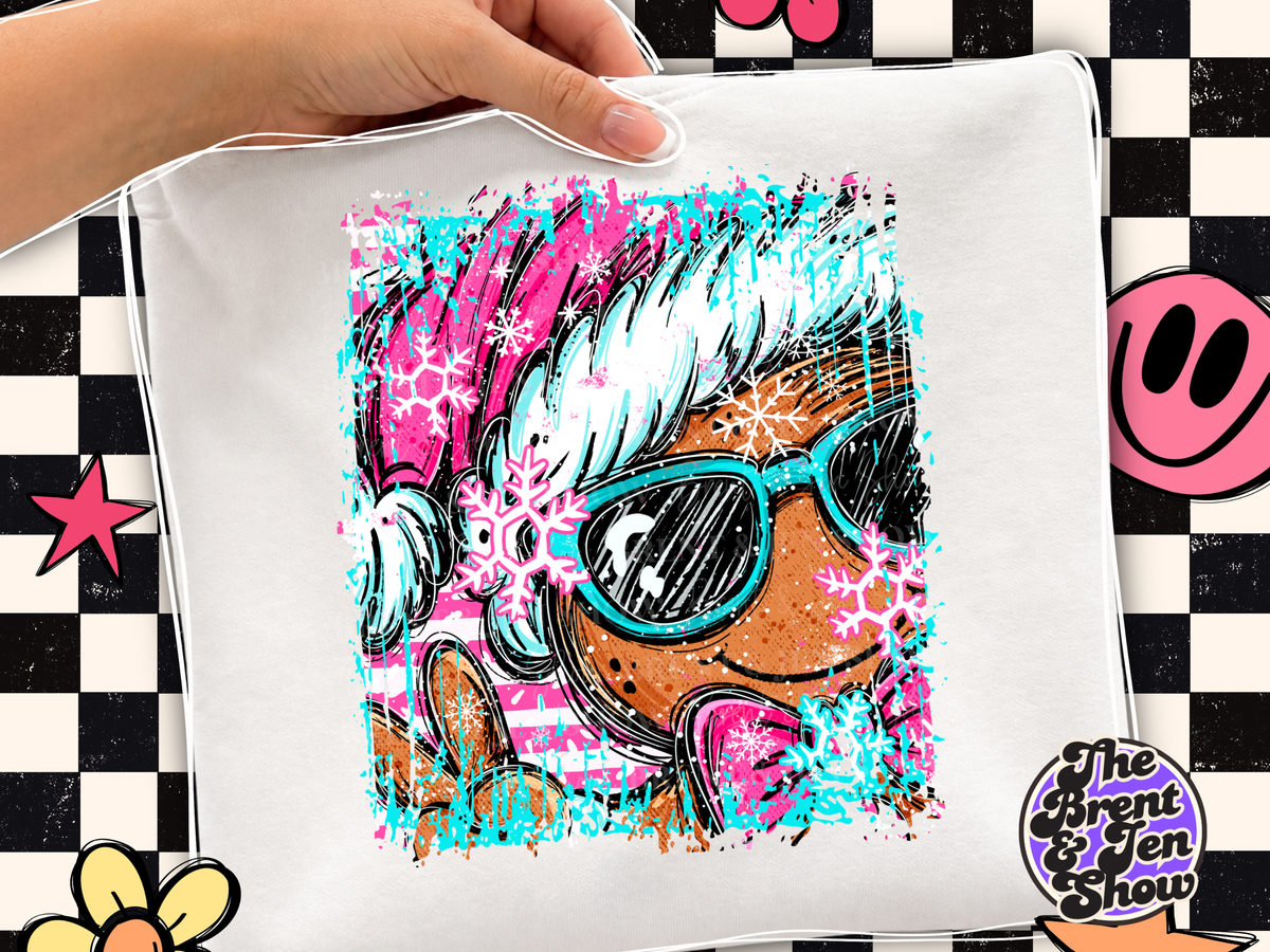 Pink Gingerbread DTF Transfer: Turquoise Sunglasses, Winter Hat (Ready-to-Press)