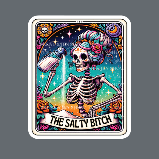 The Salty Bitch Funny Tarot Card Sticker, Sarcastic Sweary Skeleton, Cool Popular Decal