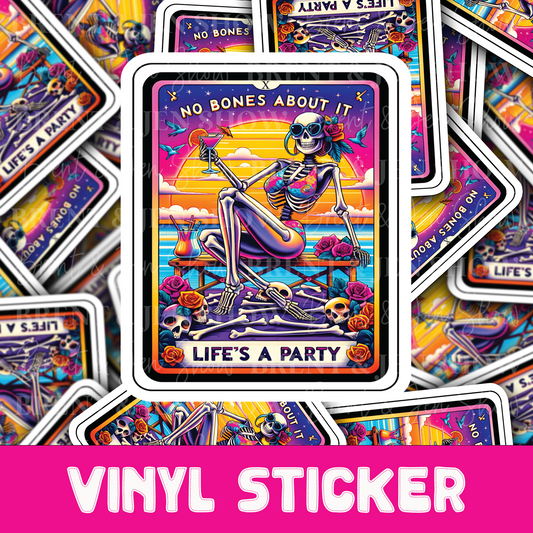 No Bones About It, Life's a Party, Beach Tarot Card Sticker, Funny Tropical Skeleton Decal