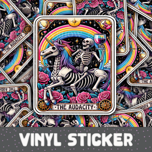 The Audacity, Funny Tarot Card Sticker. Retro Graphic Decal, Cool Popular Sticker, Rainbow Skeleton Unicorn
