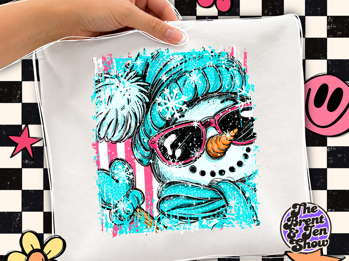 Teal Snowman DTF Transfer: Pink Sunglasses, Snowflakes (Ready-to-Press)