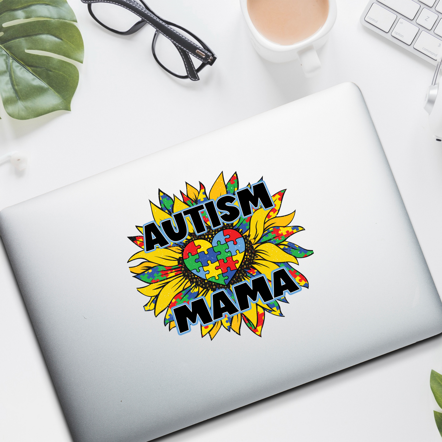 Autism Mama, Colorful Puzzle Piece Sunflower Sticker or Car Decal
