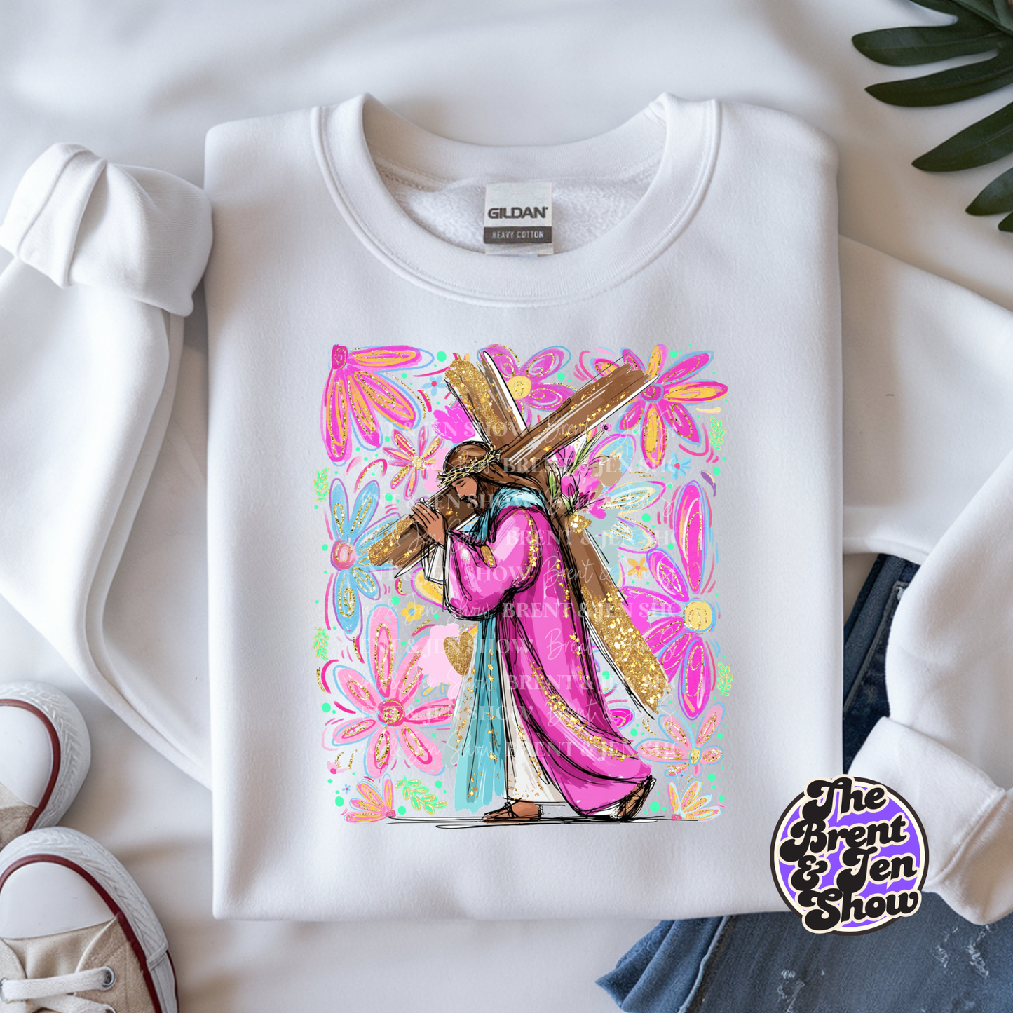 Jesus Carrying The Cross Floral Sweat Shirt