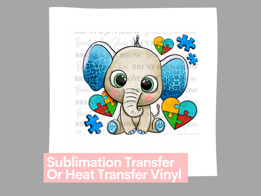 Autism Awareness Elephant - Ready to Press Sublimation Transfer/Heat Transfer