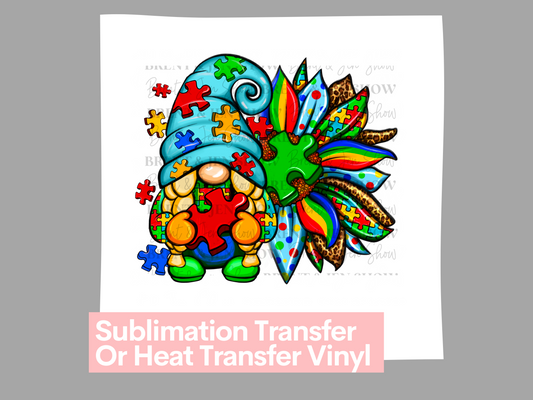Autism Gnome Sunflower, Puzzle Pieces - Ready to Press Sublimation Transfer/Heat Transfer