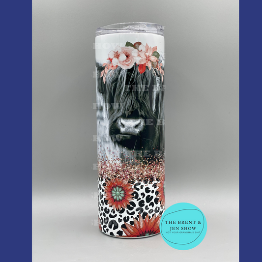 Ready To Ship Highland Cow Floral Sublimation Tumbler 20oz