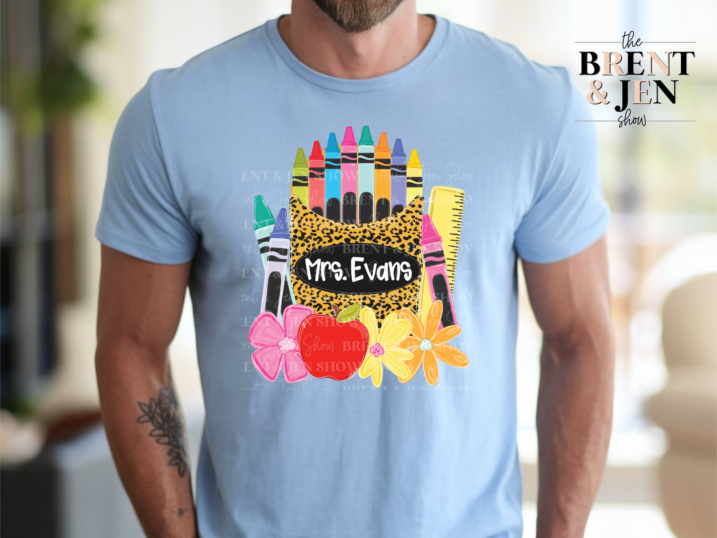 Custom Name Teacher Shirt, Personalized Apple Crayon Leopard Print Tee