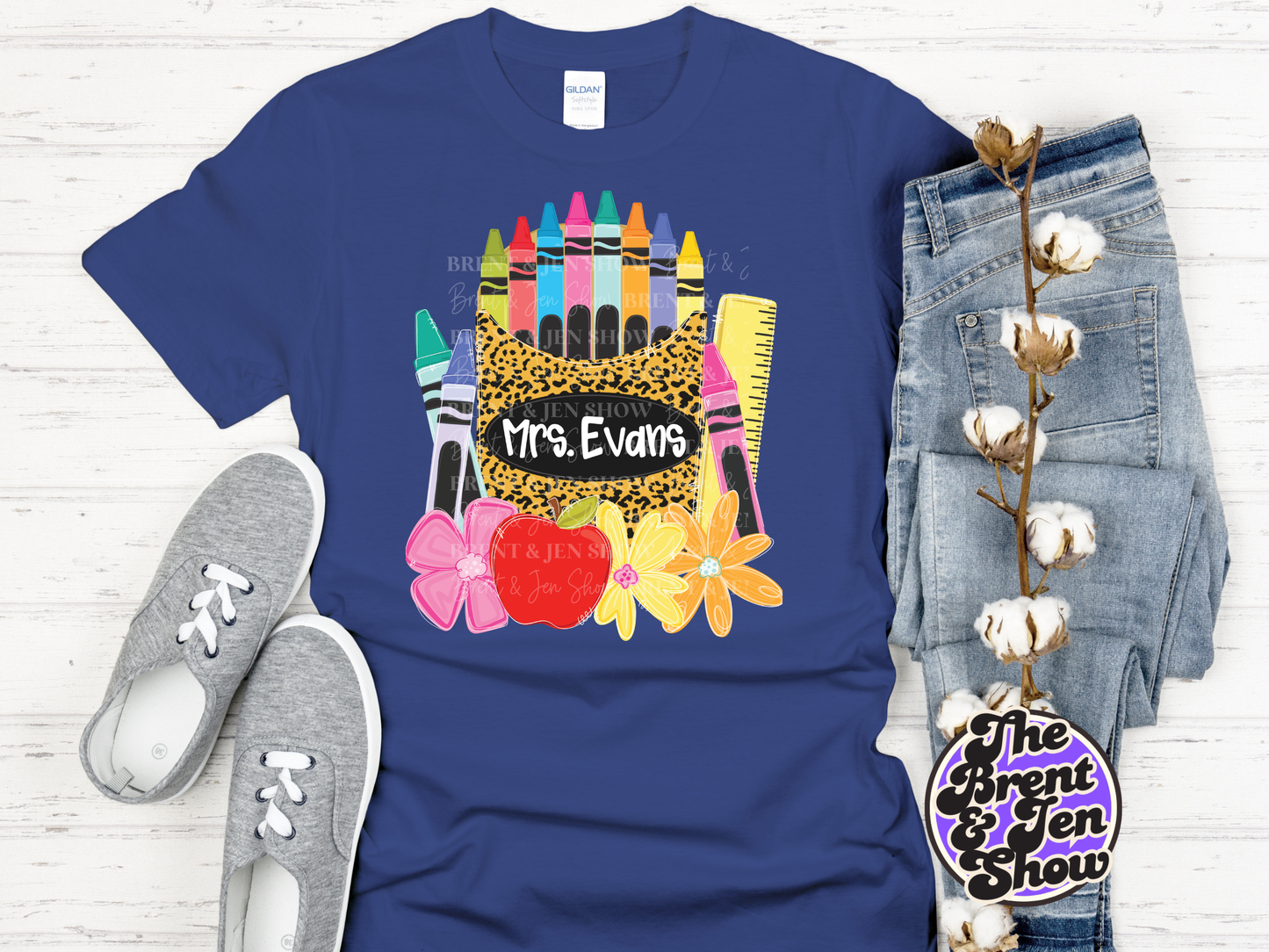 Custom Name Teacher Shirt, Personalized Apple Crayon Leopard Print Tee