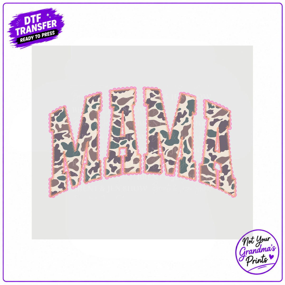 Mama Camo DTF Transfer: Varsity Style, Pink Stitched Details (Ready-to-Press)
