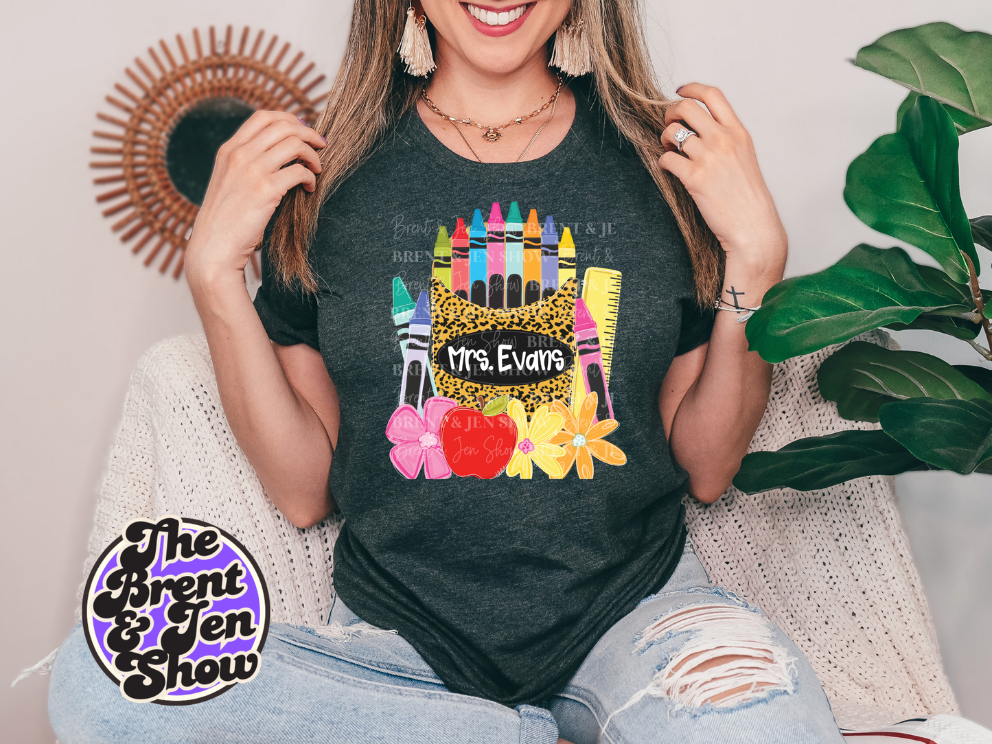 Custom Name Teacher Shirt, Personalized Apple Crayon Leopard Print Tee
