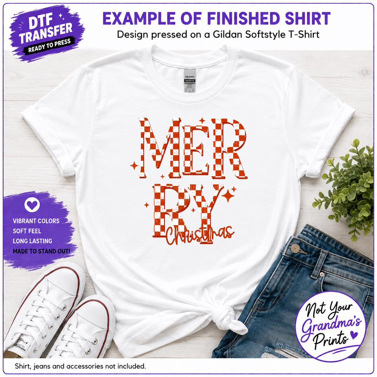 Merry Christmas DTF Transfer: Distressed Checkerboard Lettering (Ready-to-Press)