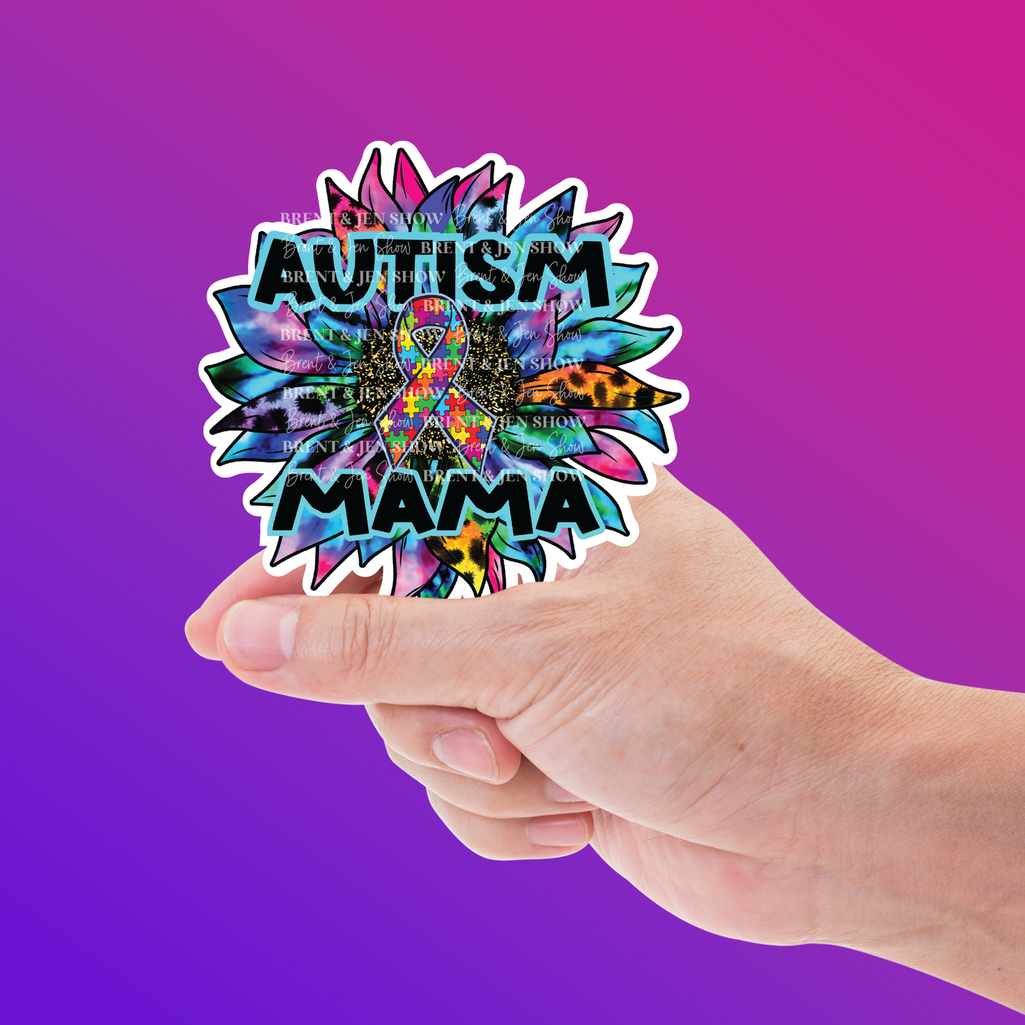 Autism Mama, Tie Dye Leopard Sunflower Sticker or Car Decal