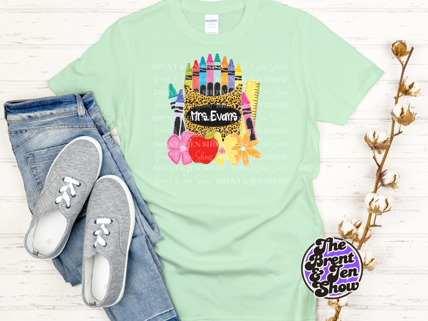 Custom Name Teacher Shirt, Personalized Apple Crayon Leopard Print Tee