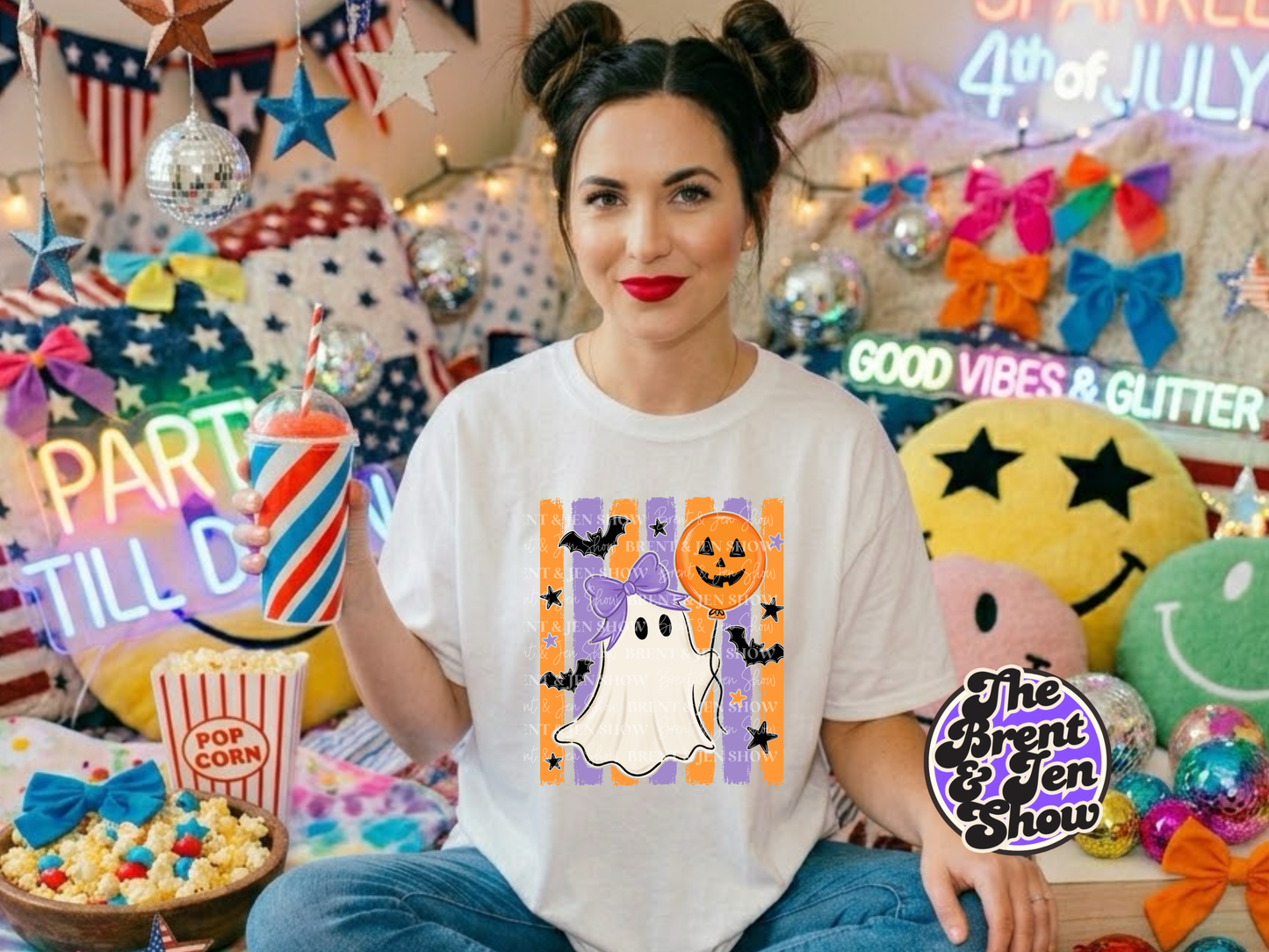 Striped Ghost With Balloon DTF/Sublimation Transfer, Ready to Press