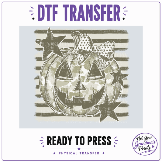 Camo Jack-O'-Lantern DTF Transfer: Spooky Bow, Stars, Stripes (Ready-to-Press)