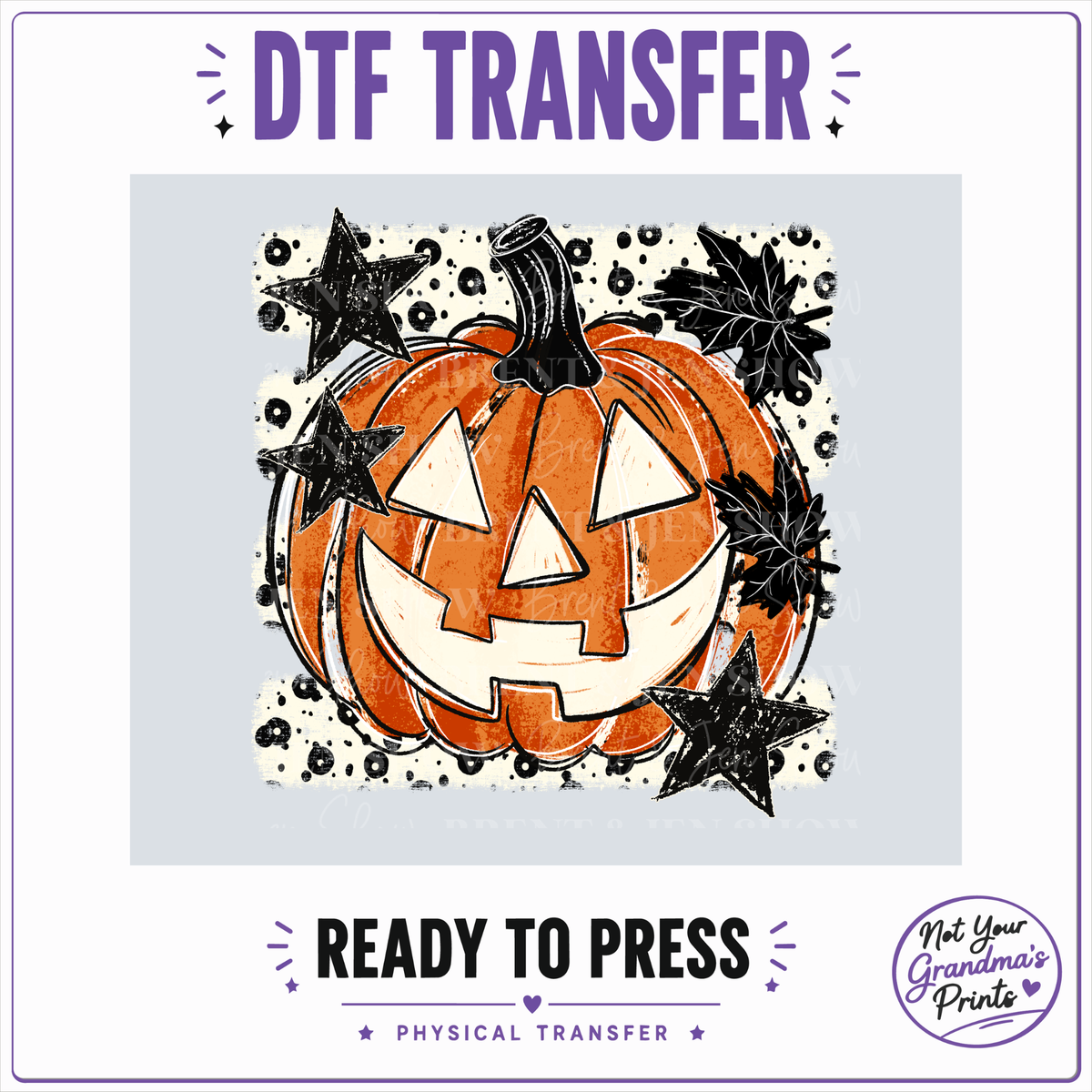 Retro Halloween Jack-O'-Lantern DTF Transfer: Distressed Pumpkin, Stars, Leaves (Ready-to-Press)