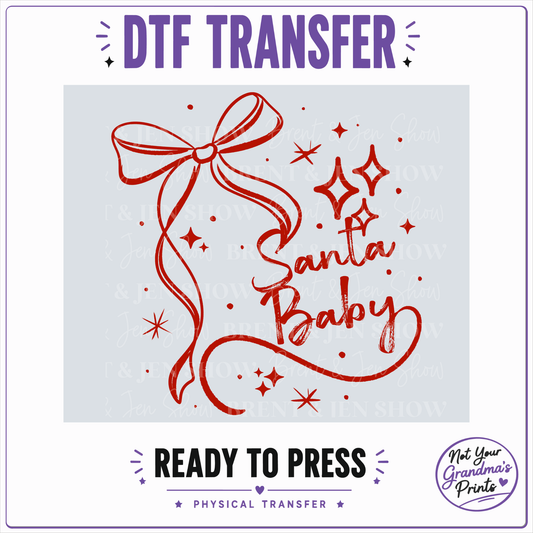 Santa Baby DTF Transfer: Coquette Bow, Retro Stars (Ready-to-Press)