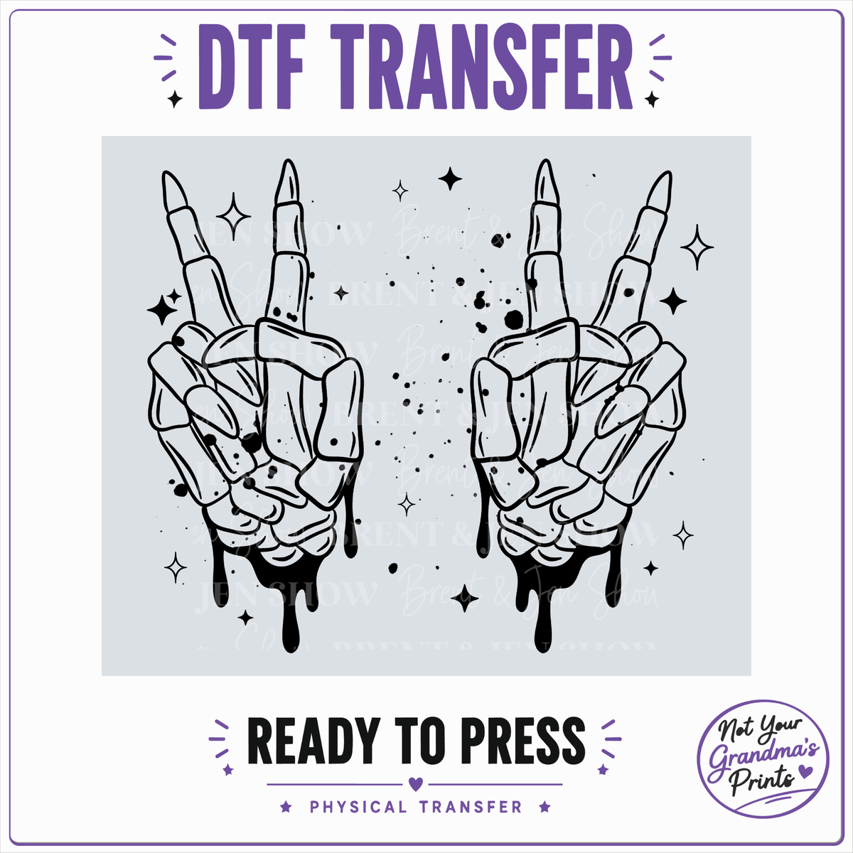 Skeleton Hands Peace Sign DTF Transfer: Gothic Halloween Apparel Print (Ready-to-Press)