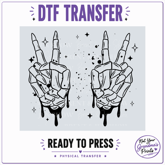 Skeleton Hands Peace Sign DTF Transfer: Gothic Halloween Apparel Print (Ready-to-Press)