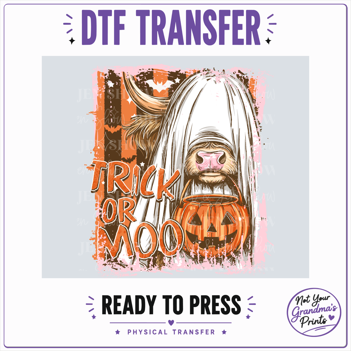 Trick or Moo Highland Cow DTF Transfer: Spooky Ghost Cow Halloween Print (Ready-to-Press)