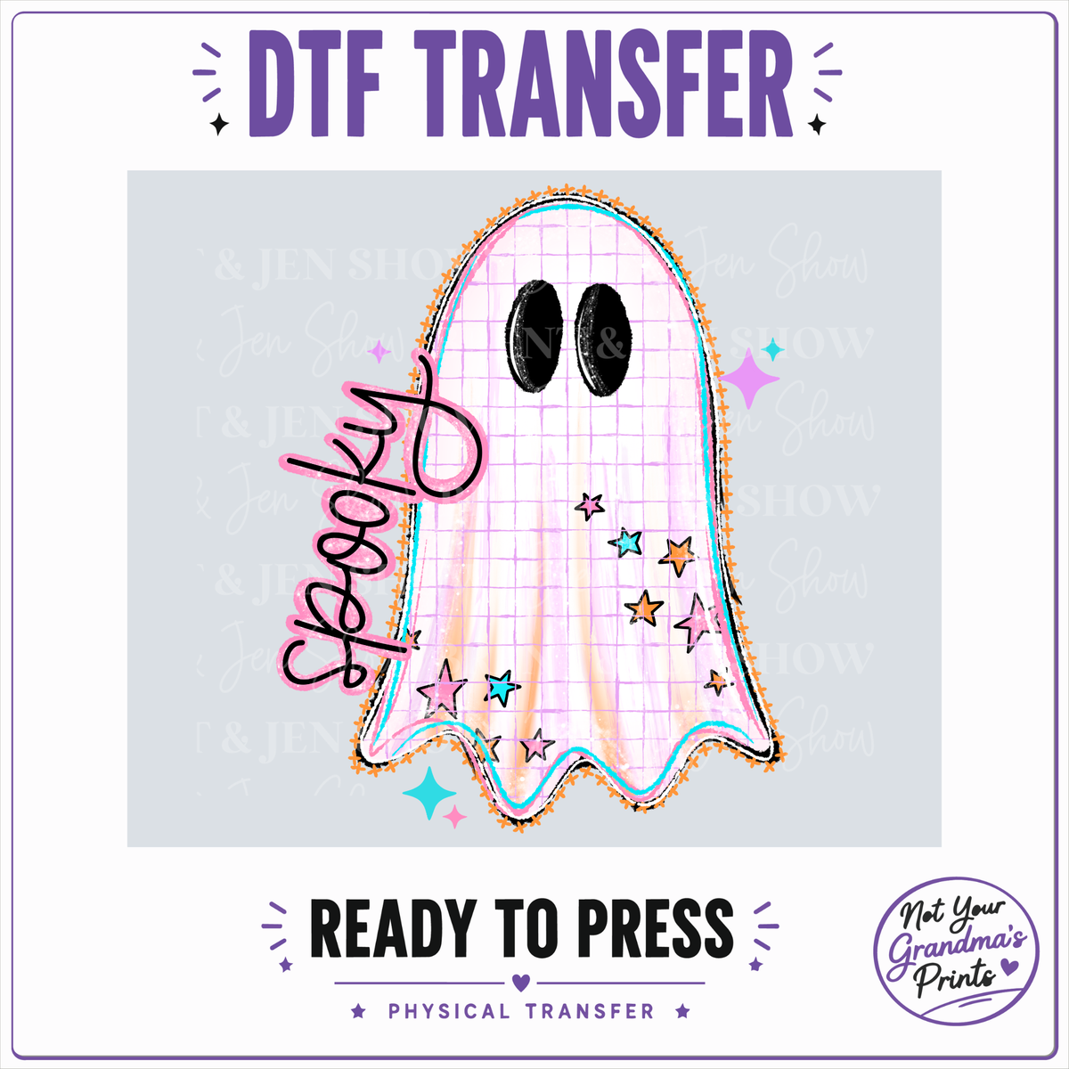 Spooky Ghost DTF Transfer: Grid Pattern, Stars, Ready-to-Press