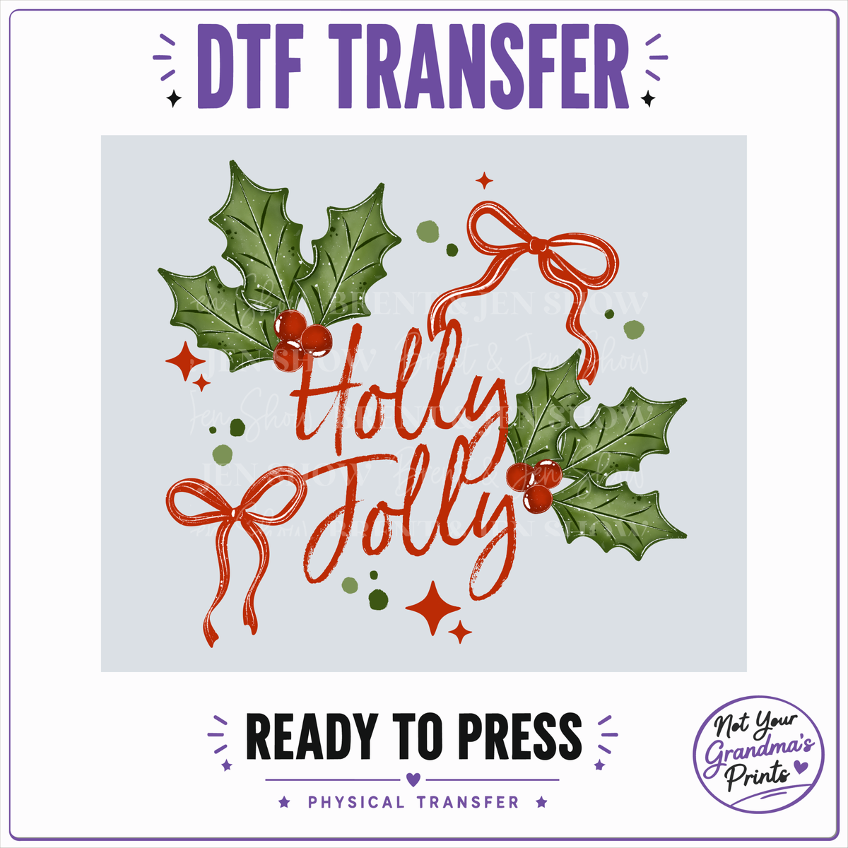Holly Jolly DTF Transfer: Watercolor Holiday Script (Ready-to-Press)