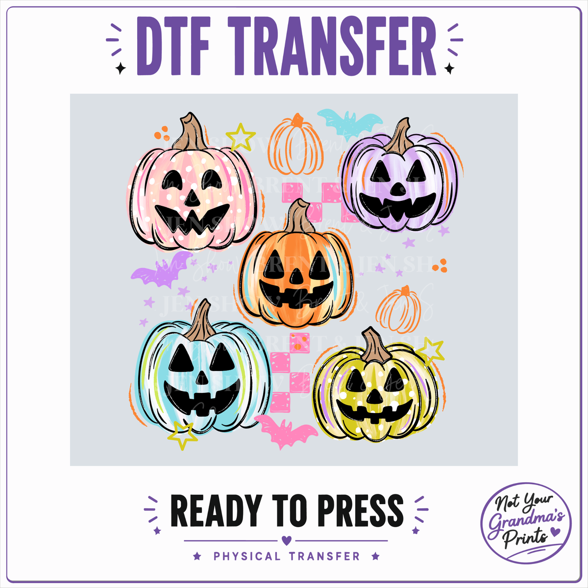 Colorful Jack-O'-Lanterns DTF Transfer: Retro Halloween Print (Ready-to-Press)
