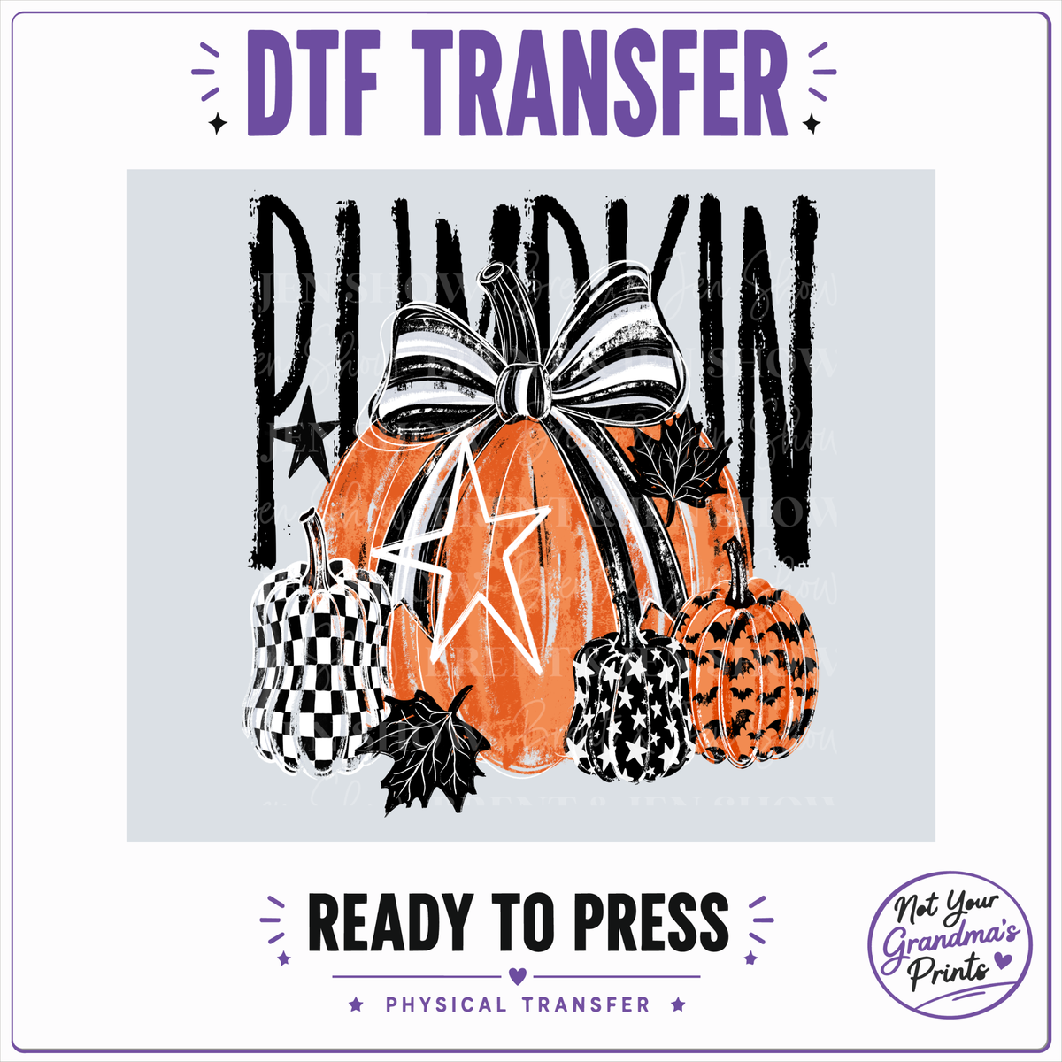 Pumpkin Halloween DTF Transfer: Distressed Bow, Checkerboard Pumpkins (Ready-to-Press)