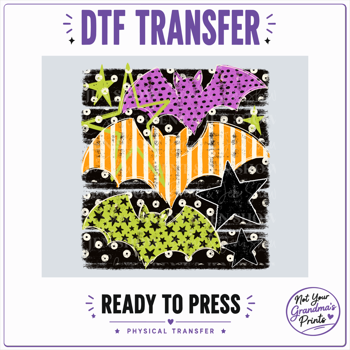Retro Halloween Bats DTF Transfer: Striped, Polka Dot, Star Design (Ready-to-Press)