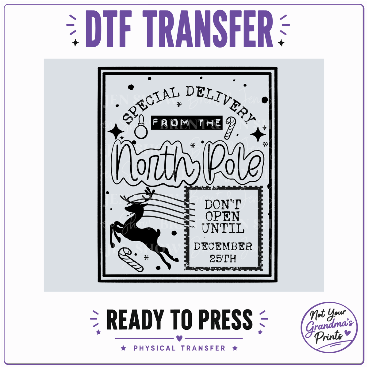 North Pole Special Delivery DTF Transfer: Reindeer, Candy Cane, Snowflakes (Ready-to-Press)