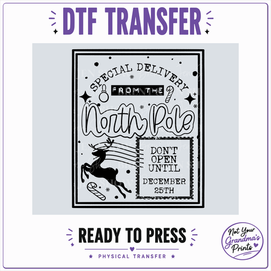 North Pole Special Delivery DTF Transfer: Reindeer, Candy Cane, Snowflakes (Ready-to-Press)