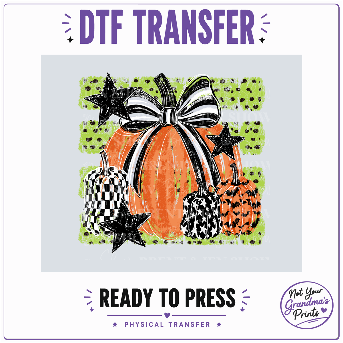 Halloween Pumpkin Bow DTF Transfer: Distressed Orange, Striped Bow, Checkerboard (Ready-to-Press)