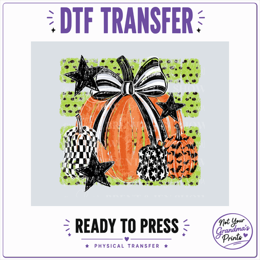 Halloween Pumpkin Bow DTF Transfer: Distressed Orange, Striped Bow, Checkerboard (Ready-to-Press)