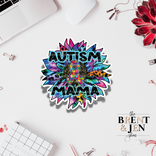Autism Mama, Tie Dye Leopard Sunflower Sticker or Car Decal