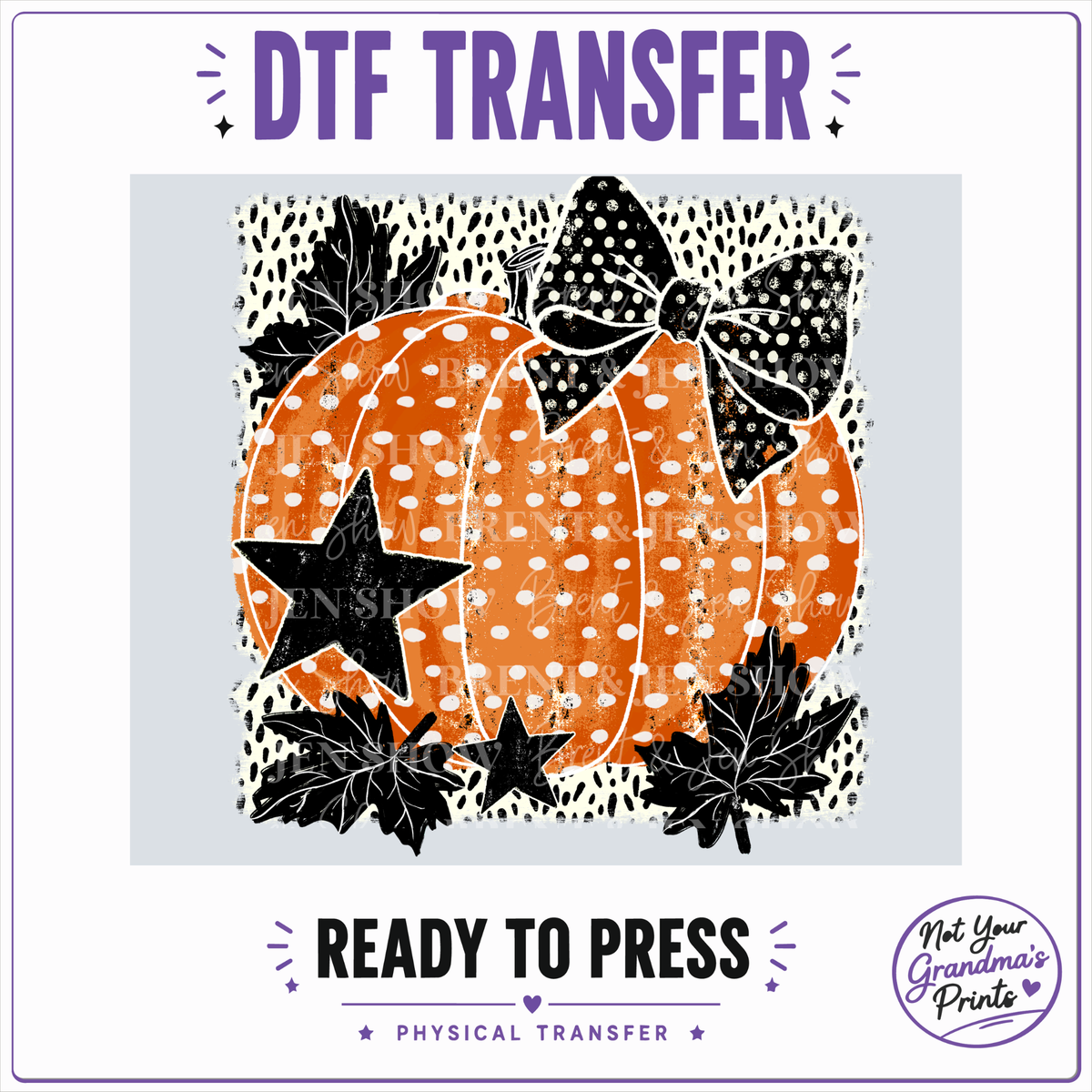 Funky Pumpkin Bow DTF Transfer: Distressed Polka-Dot, Retro Fall Leaves (Ready-to-Press)