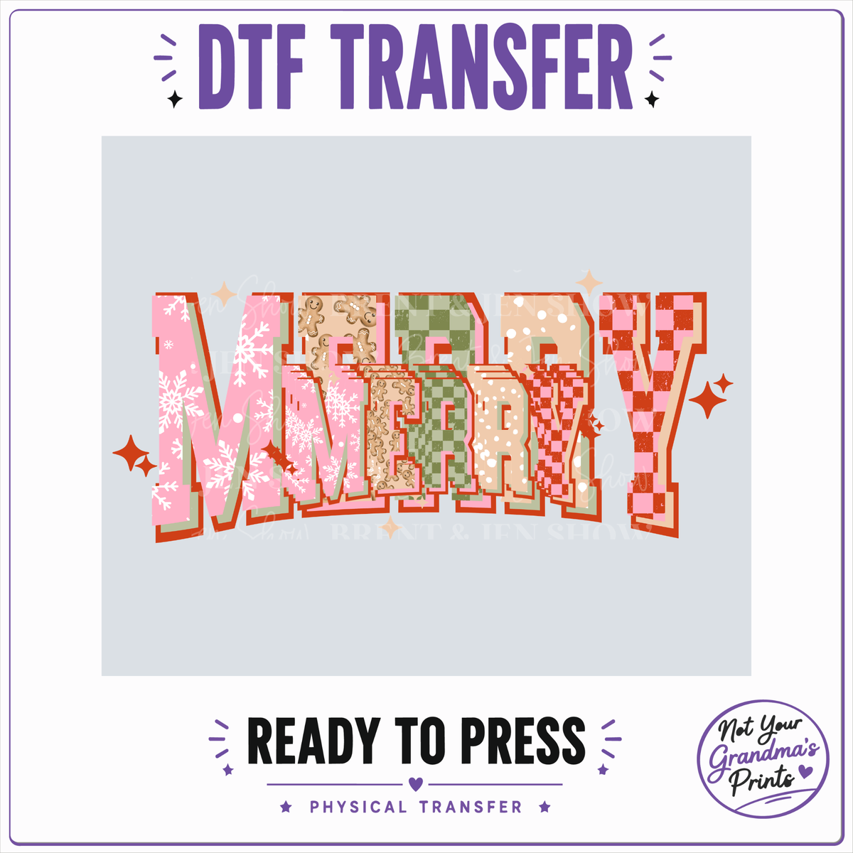 Merry DTF Transfer: Festive Patchwork Design (Ready-to-Press)