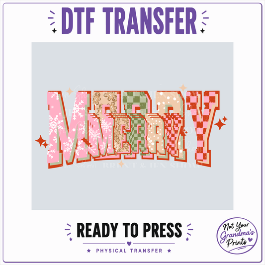 Merry DTF Transfer: Festive Patchwork Design (Ready-to-Press)