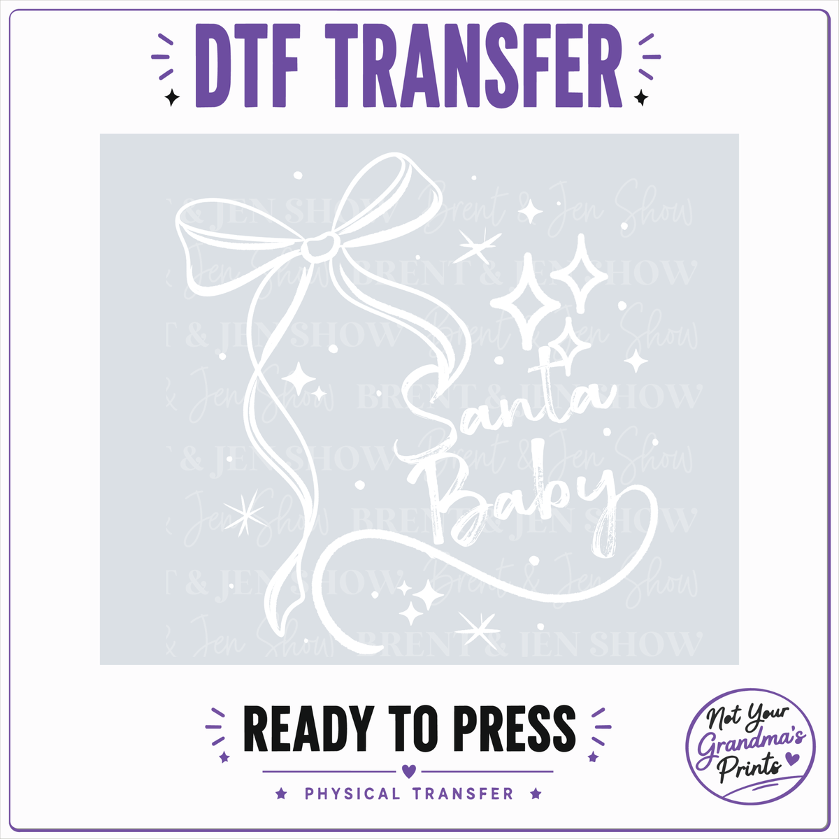 White Santa Baby DTF Transfer: Coquette Bow, Sparkle Details (Ready-to-Press)