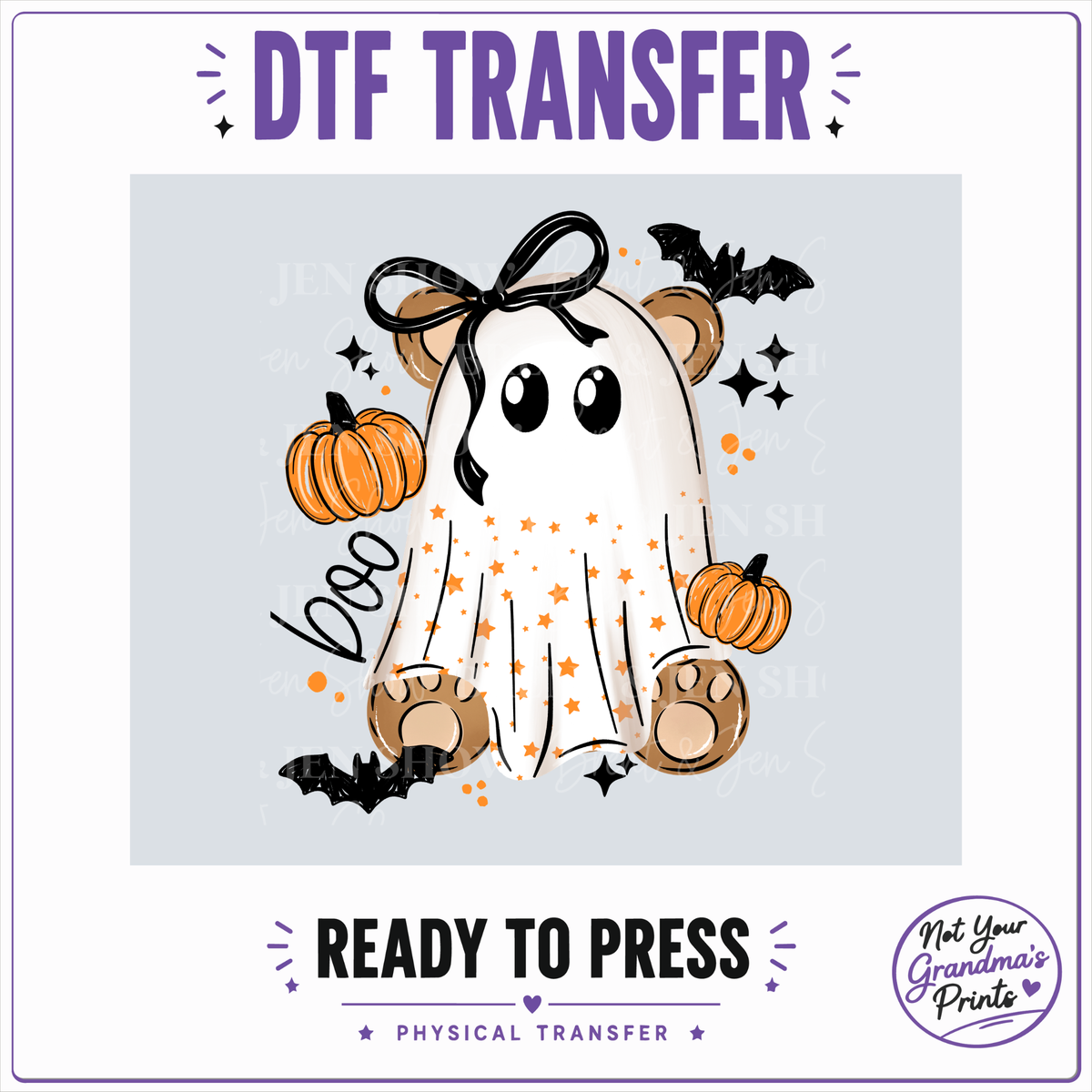 Boo Bear DTF Transfer: Ghost Teddy, Pumpkins, Bats (Ready-to-Press)