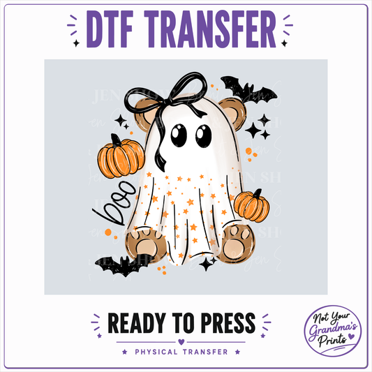 Boo Bear DTF Transfer: Ghost Teddy, Pumpkins, Bats (Ready-to-Press)