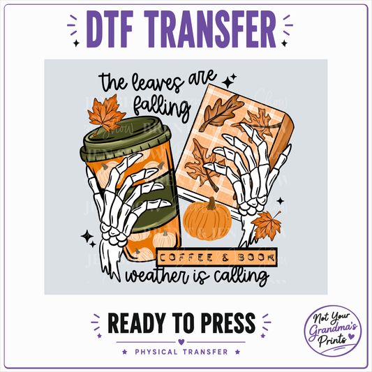 Fall Coffee & Book DTF Transfer: Pumpkin, Leaves, Skeleton Hands (Ready-to-Press)