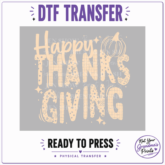 Happy Thanksgiving DTF Transfer: Floral, Polka-Dot, Grid Patterns (Ready-to-Press)