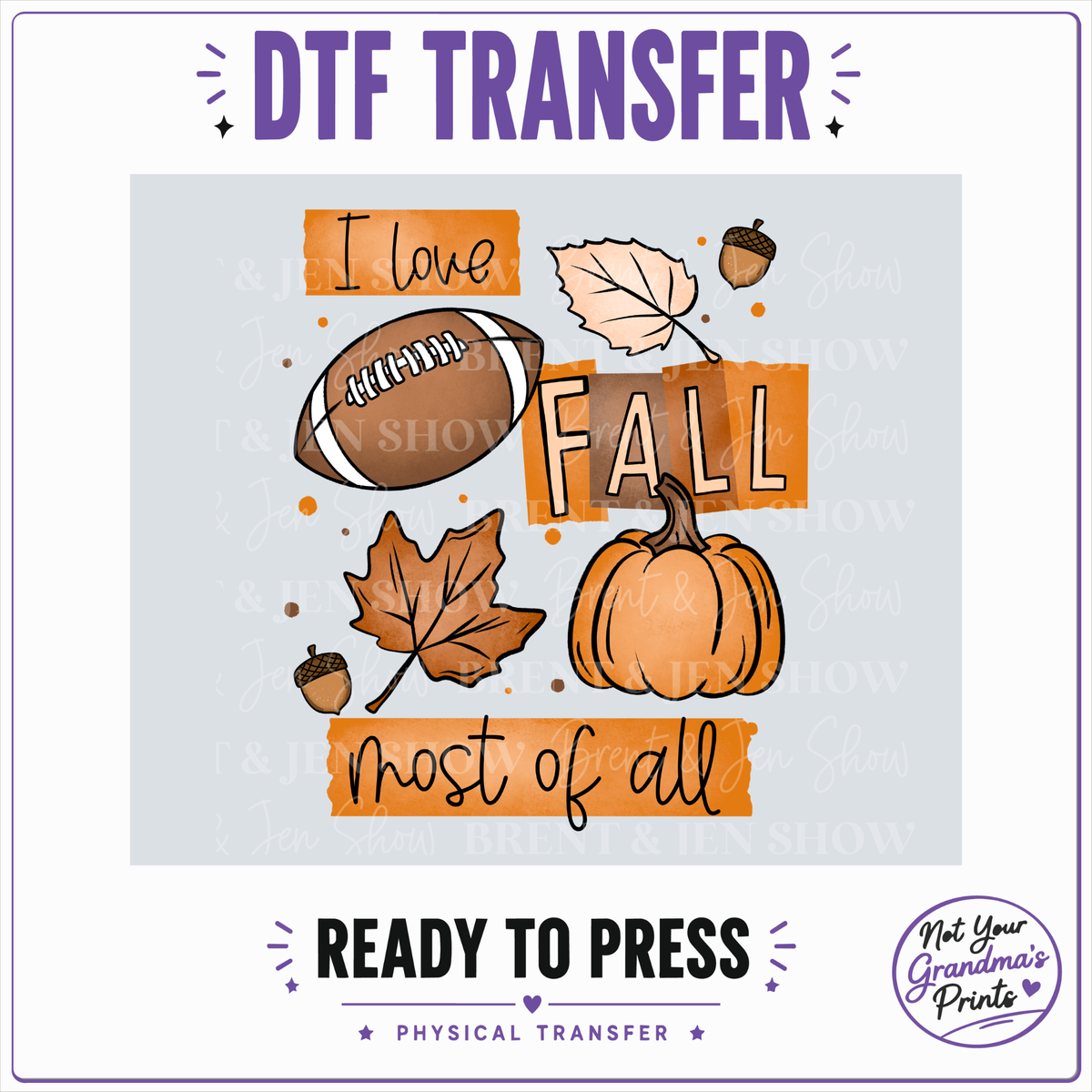 Fall Football DTF Transfer: Pumpkin, Leaves, Acorns (Ready-to-Press)