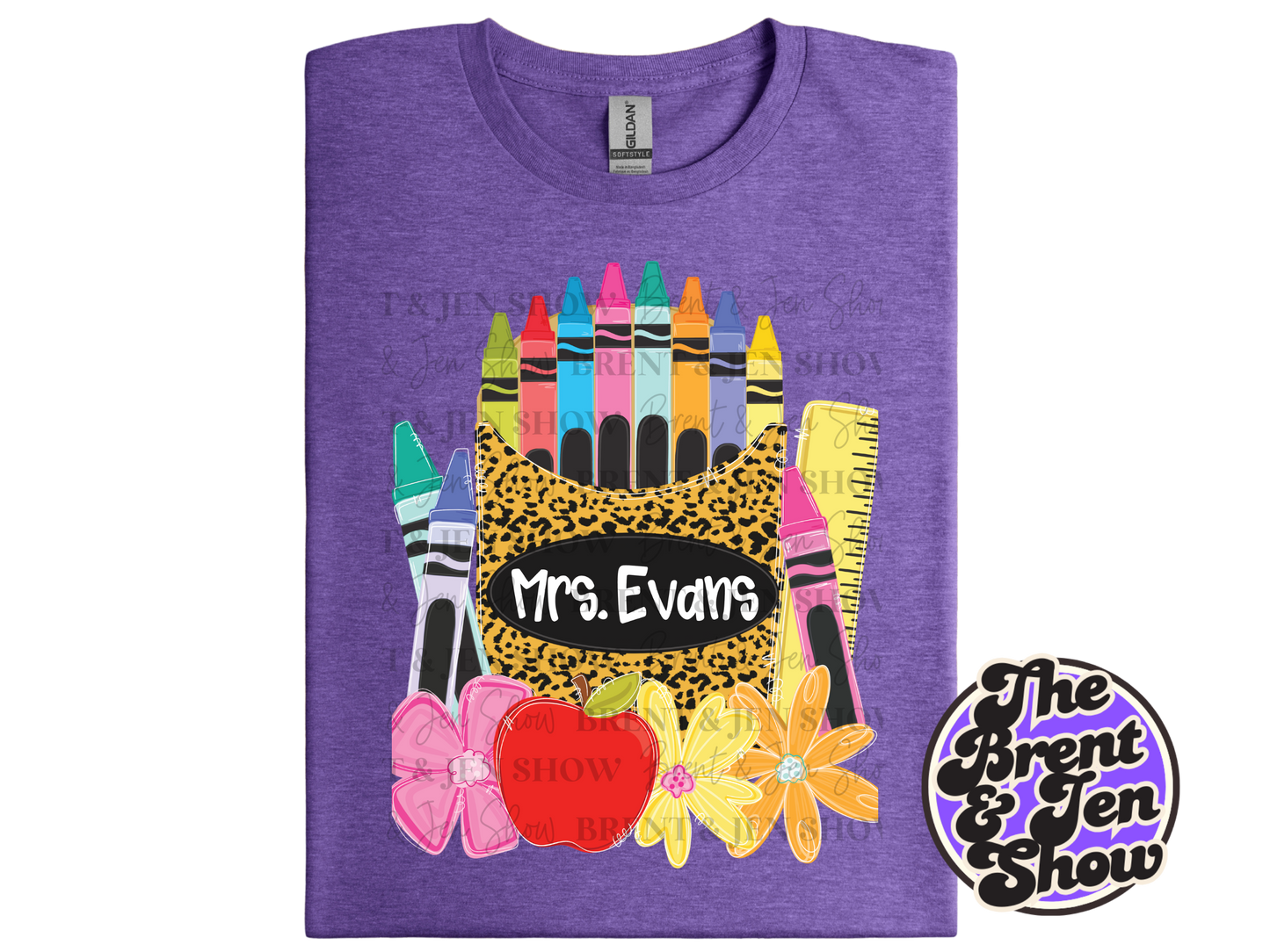 Custom Name Teacher Shirt, Personalized Apple Crayon Leopard Print Tee