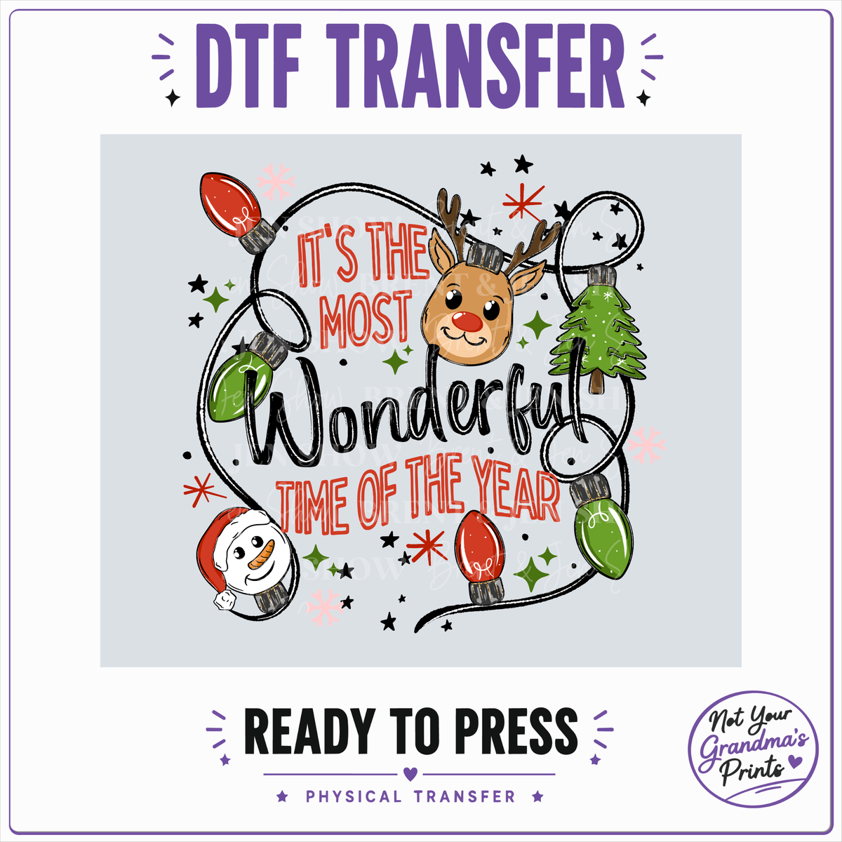 Christmas DTF Transfer: Reindeer, Snowman, Lights (Ready-to-Press)