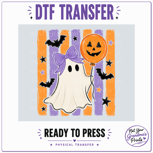 Striped Ghost With Balloon DTF Transfer, Ready to Press